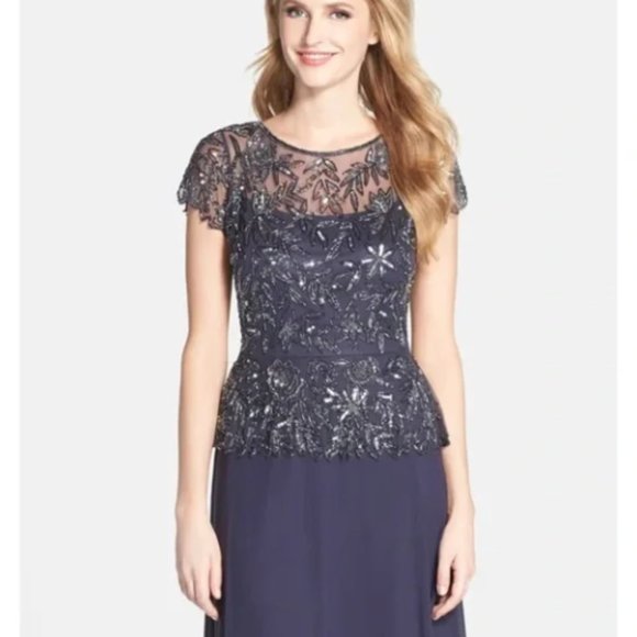 PISARRO NIGHTS BEADED MESH MOCK TWO-PIECE SLATE DRESS sz 2 - Picture 4 of 6